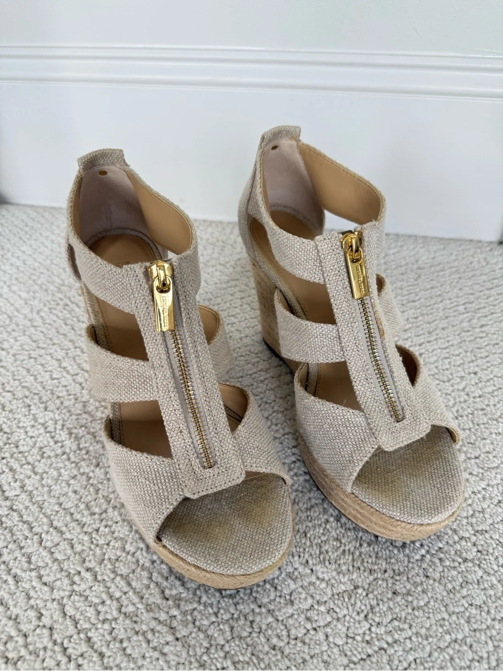 MICHAEL Michael Kors Beige Espadrille Wedge Sandals with Gold Zipper